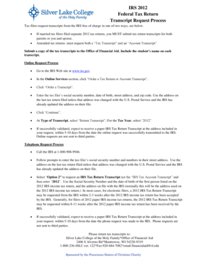 IRS 2012 Federal Tax Return Transcript Request