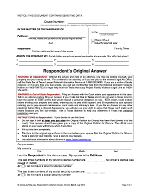 Texas Respondent's Original Answer Divorce Form