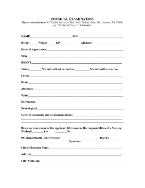 Physical Examination Form for Nursing Student