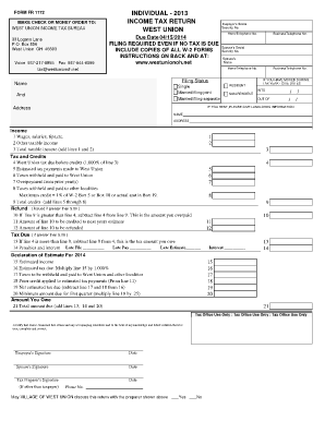 West Union Income Tax Return Form 2013