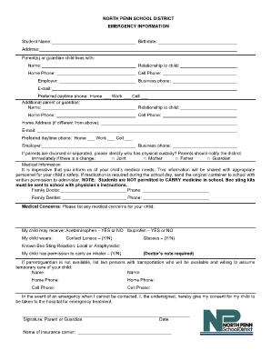 North Penn School District Emergency Information Form