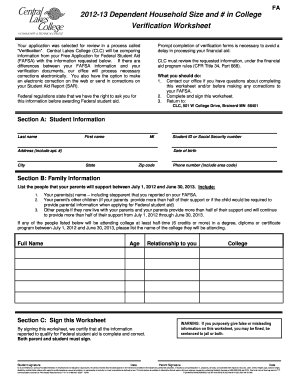 2012-13 Dependent Household Size and College Verification Worksheet