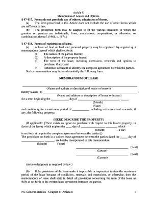 North Carolina Memorandum of Lease Form