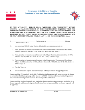 District of Columbia License Certification