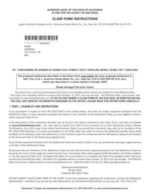 Honda Civic Hybrid Settlement Claim Form