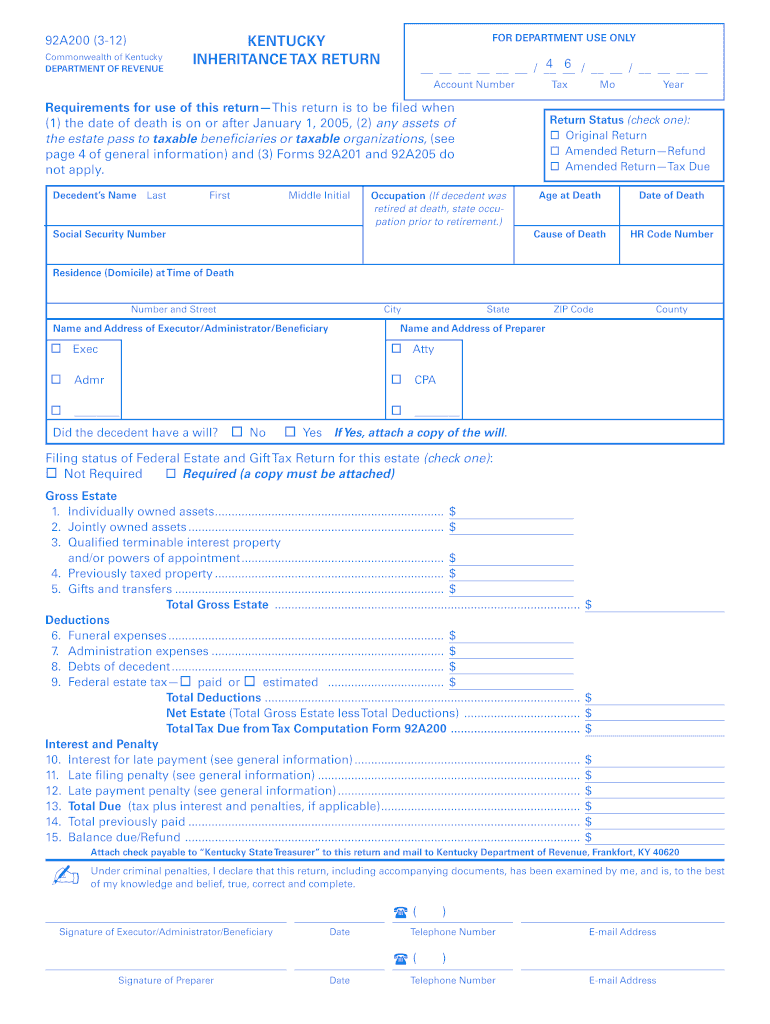 92a200 (3-12) - Kentucky: Department of Revenue Preview on Page 1