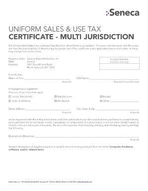 Multi-Jurisdiction Sales and Use Tax Certificate