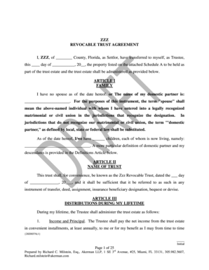 ZZZ REVOCABLE TRUST AGREEMENT I, ZZZ, of - law miami