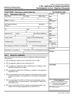 USCIS Form I-102 Application for Replacement/Initial Nonimmigrant Arrival-Departure Document