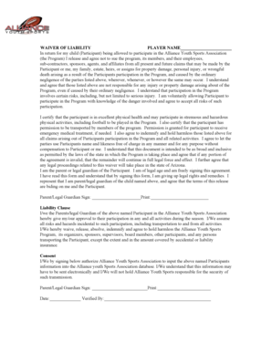 Waiver of Liability for Alliance Youth Sports Association
