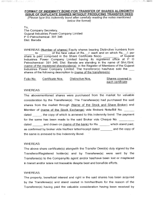 Fillable Online Format of indemnity bond for transfer of shares ...