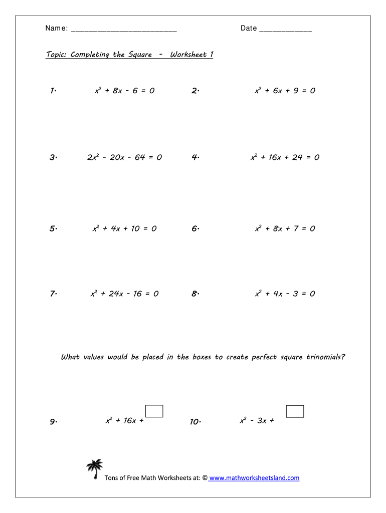 Completing The Square Worksheet Pdf - Fill and Sign Printable Pertaining To Completing The Square Worksheet