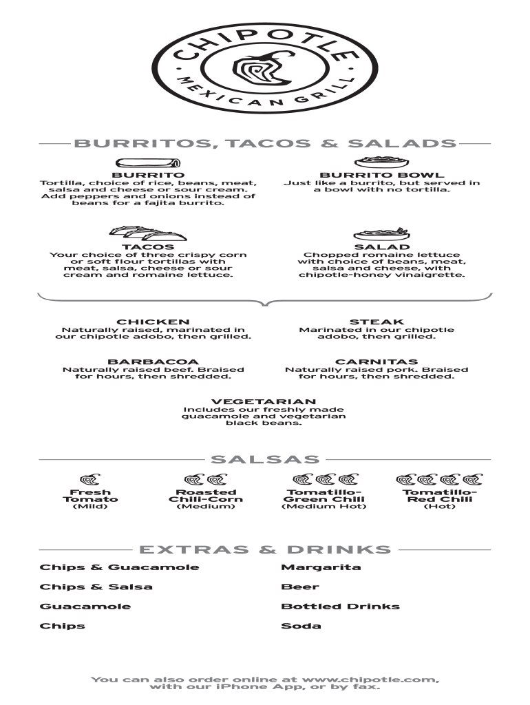 Chipotle Menu Pdf Fill Online Printable Fillable Blank PdfFiller