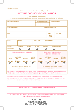 Pennsylvania Lifetime Dog License Application