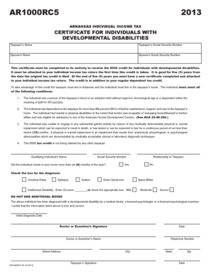 Arkansas Individual Income Tax Certificate for Developmental Disabilities