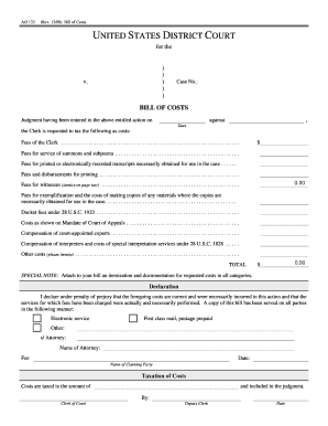 US Federal Bill of Costs Form