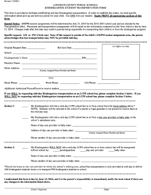 Kindergarten Student Transportation Form