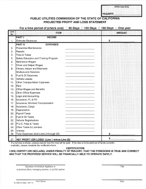 Self employed profit and loss statement template - TL 706-F3 Projected Profit and Loss Statement - California Public ... - cpuc ca