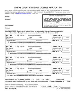 Sarpy County 2015 Pet License Application