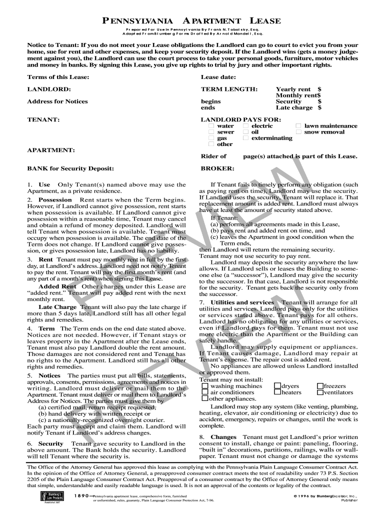Pennsylvania apartment lease Blumberg Legal Forms Online Fill out