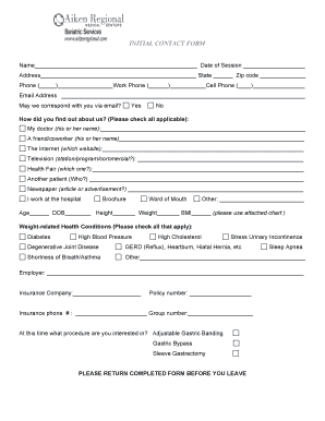 Initial Contact Form for Weight-Related Health Procedures