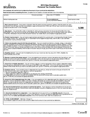 2013 New Brunswick Personal Tax Credits Return