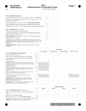 Delaware Form DE2210 Underpayment of Estimated Taxes