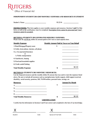 independent student monthly expense and resource statement