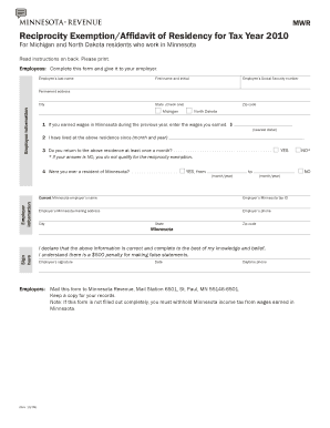 Minnesota Reciprocity Exemption Form MWR