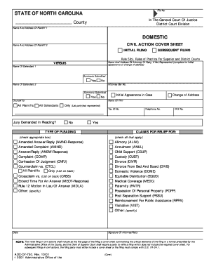 North Carolina Civil Action Cover Sheet