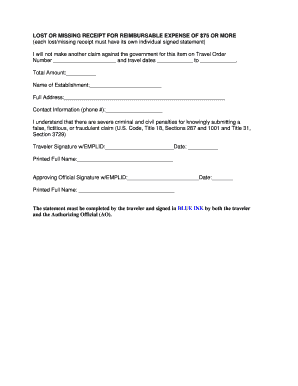 Lost Receipt Statement for Reimbursable Expense