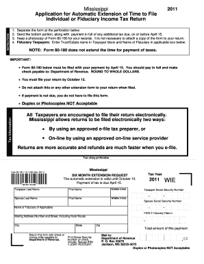 Mississippi 2011 Automatic Extension of Time to File Individual or Fiduciary Income Tax Return