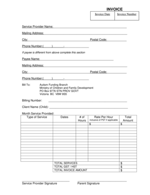 Invoice for Autism Funding Services