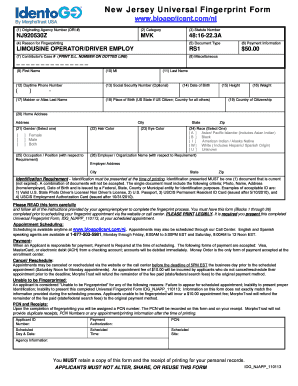 New Jersey Limousine Driver Fingerprint Form