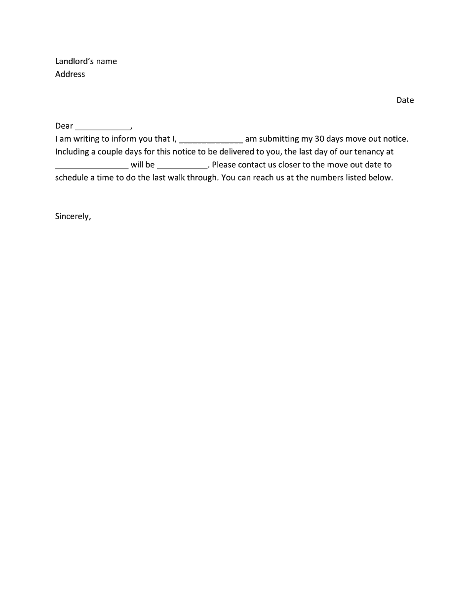 30 Day Notice To Landlord Form