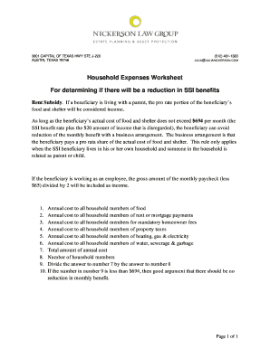 Household Expenses Worksheet for SSI Benefits
