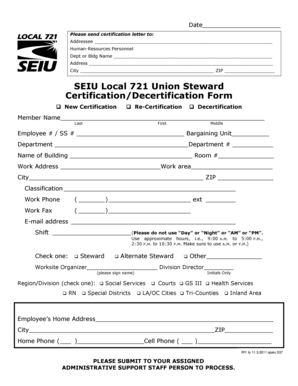 SEIU Local 721 Union Steward Certification Form