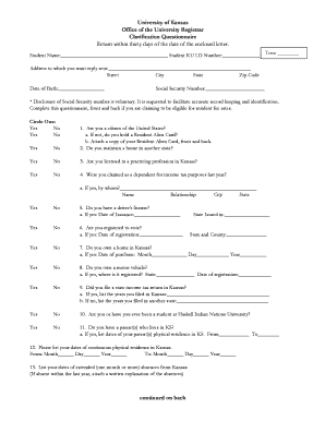 University of Kansas Residency Clarification Questionnaire
