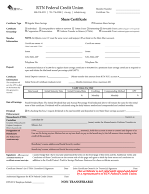 RTN Federal Credit Union Share Certificate Application