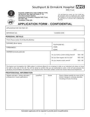 UK NHS Job Application Form