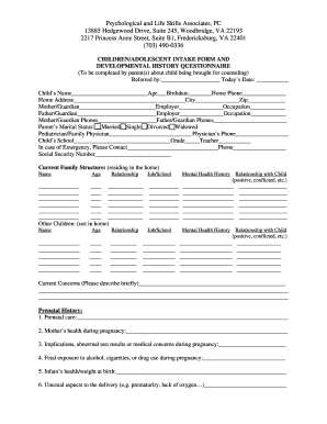 Children Adolescent Intake Form and Developmental History Questionnaire
