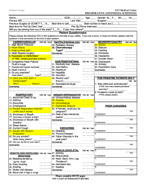 Preoperative Anesthesia Screening Form