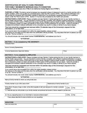 FMLA and CFRA Certification of Health Care Provider