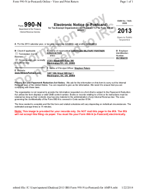 IRS Form 990-N (e-Postcard) 2013