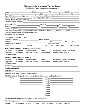 Confidential Patient Intake Form Acupuncture