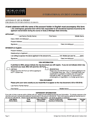 Affidavit of Support for Graduate International Students