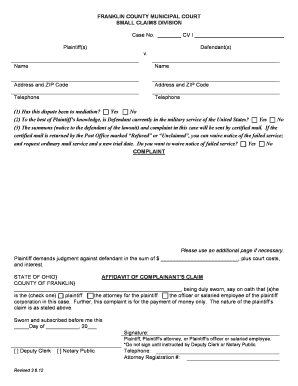 Ohio Small Claims Complaint Form