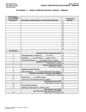 Sample cost estimate for construction - Form of Construction Cost Estimate - Summary - f2 washington