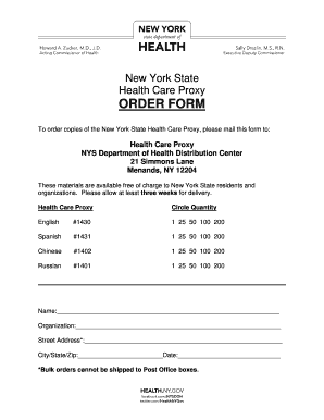 Health Care Proxy Form Order Form - New York State Department of ... - health ny