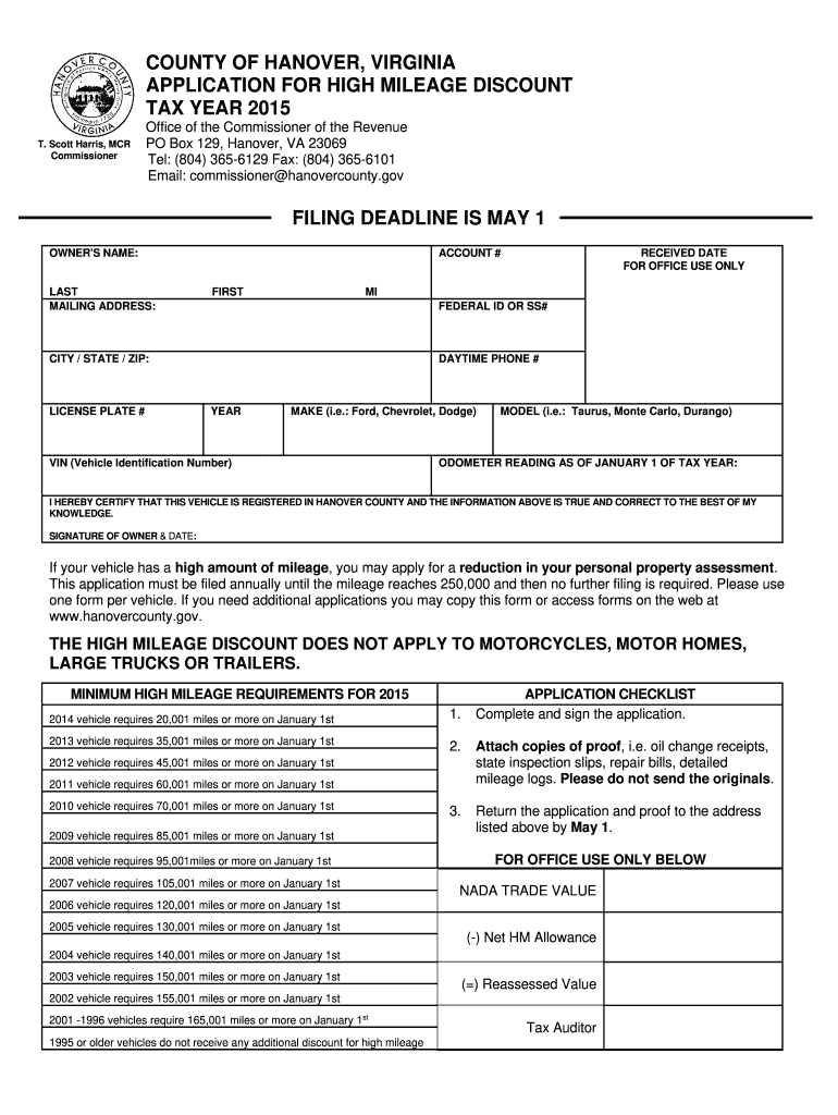 hanover county high mileage form Preview on Page 1